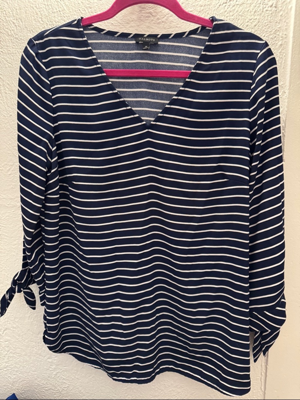 Talbots Navy & White Striped V-Neck Tie-Sleeve Tunic